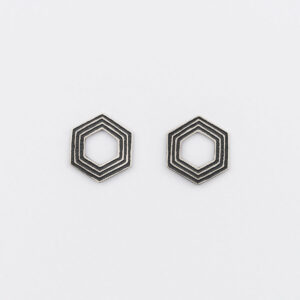 ‘Lines in Motion’ Silver and Black Hexagonal Stud Earrings, Medium
