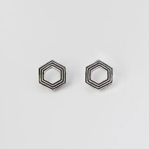'Lines in Motion' Silver and Black Hexagonal Earrings, Small