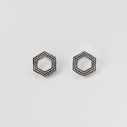 'Lines in Motion' Silver and Black Hexagonal Earrings, Small