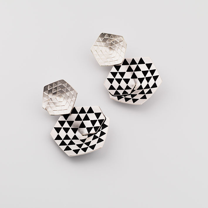 ‘Mosaic’ Silver and Black Hexagonal Drop Earrings